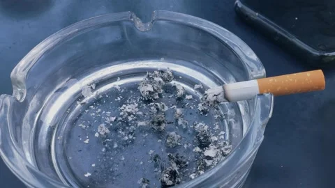 Top view of a cigarette self extinguishing in an ashtray - cigarette self exting Video stock 154222546