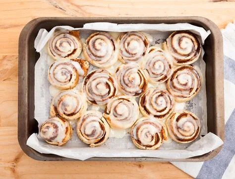 Top view of cinnamon rolls in baking dish Stock Photos