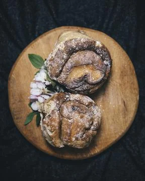 Top view of cinnamon rolls with powdered sugar on the top of them. Stock Photos