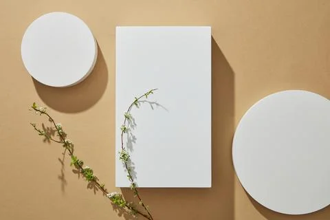 Top view of circle and rectangle podiums on brown background abstract content Stock Photos