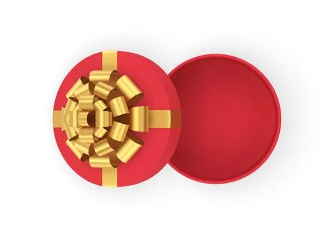 Top view circled empty wrapped red luxury gift box decorated by golden bow ri Stock Illustration