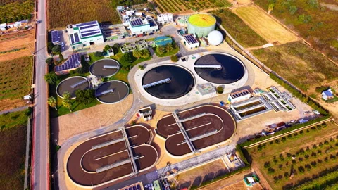 Top view of circular sedimentation tanks and oxidation ditches Stock Footage 330488921