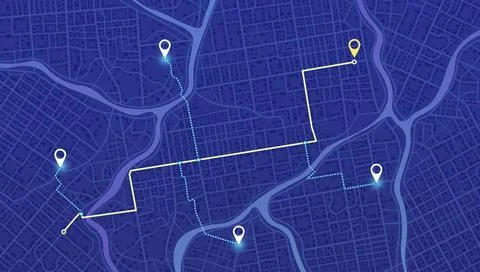 Top view city map background with river and navigation route markers in blue Stock Illustration