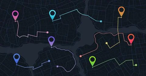 Top view city map with multiple colorful tracking routes. Vector illustration Ilustração Stock