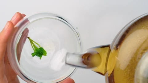 Top view of clear teapot pouring tea over melissa leaf. Hand holding glass mug Stock Footage 342976767