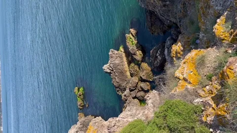 Top view of the cliff sea shore - Vertical stock video Stock Footage 240340661