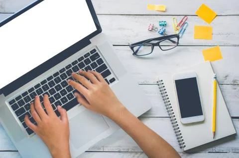 The top view is a close-up business process that works with laptops and has c 스톡 사진