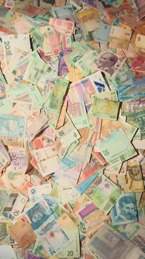 Top view close-up chest filled with various types money paper banknotes and Stock Footage 346397954
