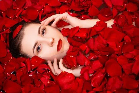 Top view, close-up face of a young woman in a bathtub full of red rose petals Stock Photos
