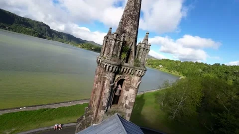 Top view close up flight around old chapel church bell azores islands Stock Footage 221836771