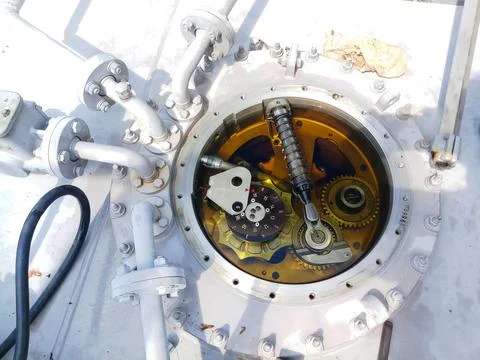 Top view close up of On-Load Tap Changer (OLTC) internal gear mechanism. Stock Photos