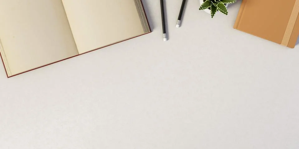 Top view close up of an open book with pencil and diary aside potted plant .. Stock Illustration