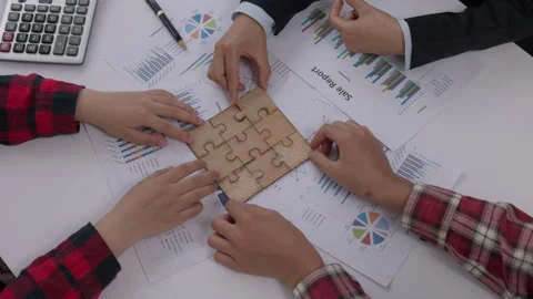 Top view close up shot of professional successful group of  Hand holding ji.. Video stock 336932295