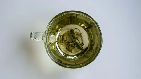 Top view close-up tea leaves opening in hot water at transparent cup timelapse Vídeos de archivo 101834267