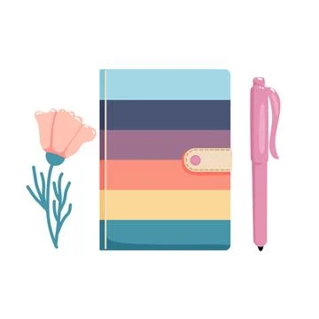 Top view of a closed notebook and pen. School accessories. Doodle vector Stock Illustration