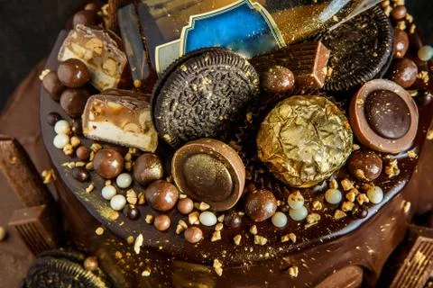 Top view closeup of two layers chocolate cake decoration Stock Photos