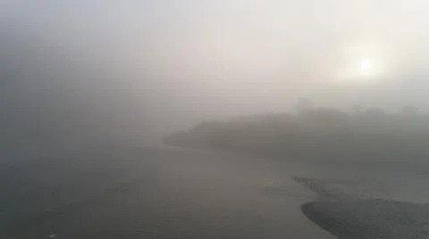 Top view of clouds, mountains, river and fog Stock Photos