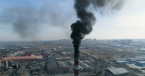 Top view of coal-fired power station Smoking smokestack Black smoke coming from Stock Footage 108885864