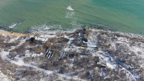 Top view coastal landscape with waves shoreline and sunny sky Stock Footage 328282976