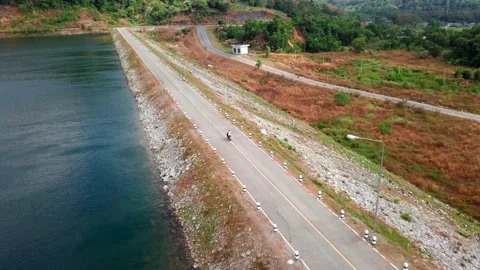 Top view of coastline with birch water and Road Stock Footage 161562467