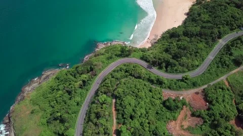 Top view of coastline with birch water and Road Stock Footage 161562645