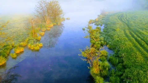 Top view of the coastline river landscape fog Stock Footage 275209832