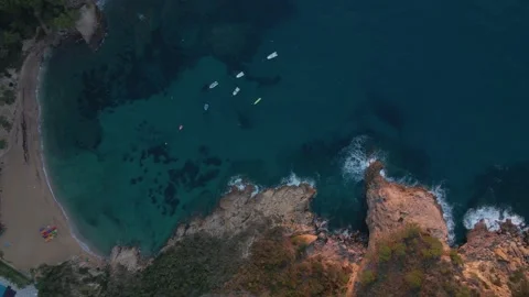 Top view of the coastline of Tossa de Mar, Spain, blue water, beach, boats, 4k Stock Footage 164857008