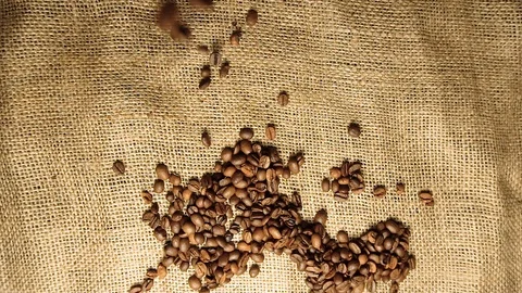 Top view of coffebeans falling from camera down to coffe beans background Stock Footage 103097093