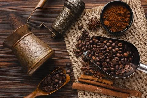 Top view coffee accessories table Stock Photos