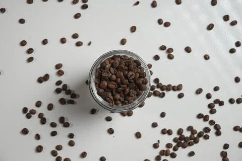 Top view of coffee beans with beans on white background 写真素材