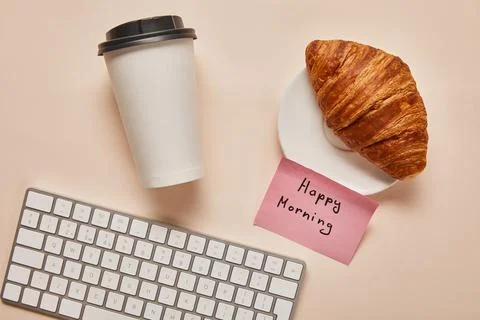 Top view coffee croissant computer Stock Photos