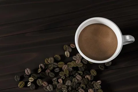 Top view of a coffee cup with roasted beans on dark wood background Stock Photos