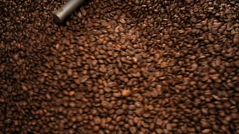 Top View Coffee Roasting Process - Coffee beans in large roasting machine Stock Footage 115839879