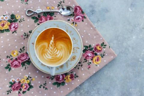 Top view of coffee on table cloths backgeound Stock-Fotos