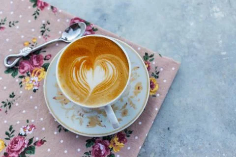 Top view of coffee on table cloths backgeound Stock-Fotos