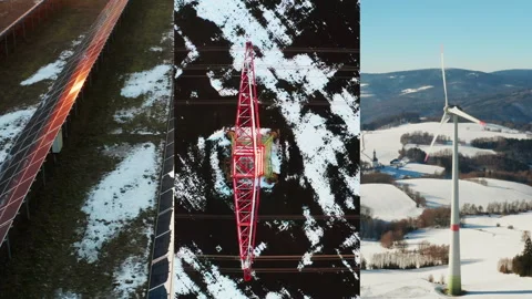 Top view collage with solar panel, wind power and transmission lines in winter Stock Footage 342931502