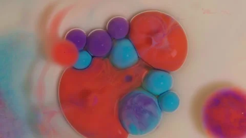 Top view of colored acrylic paint bubbles moving on milk, oil Stock Footage 252805917