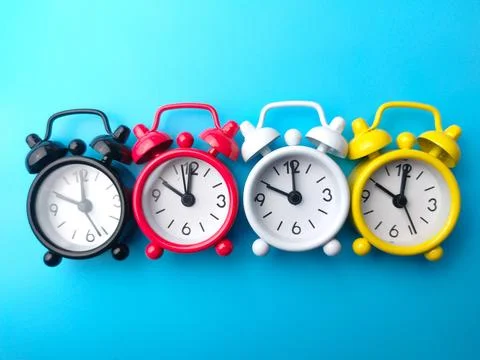 Top view colored alarm clock Stock Photos