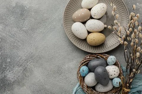 Top view colored easter eggs basket plate with copy space Stock Photos