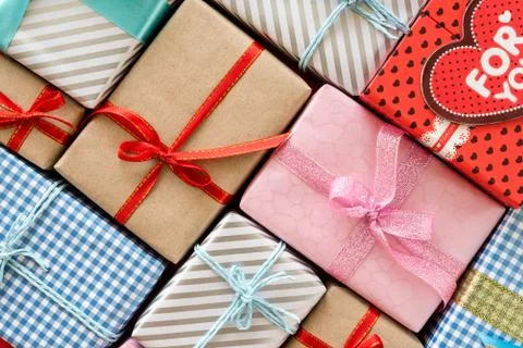 Top view of Colored gift boxes with ribbons. Gifts for Christmas new year and Stock Photos