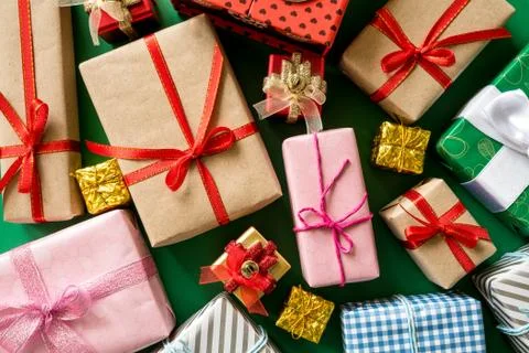 Top view of Colored gift boxes with ribbons. Gifts for Christmas new year and Stock Photos