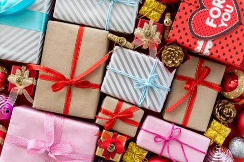 Top view of Colored gift boxes with ribbons. Gifts for Christmas new year and Stock Photos