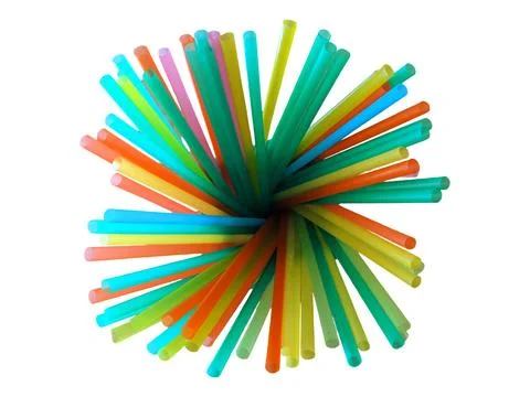 Top View of Colorful Plastic Drinking Straws on White Background 스톡 사진
