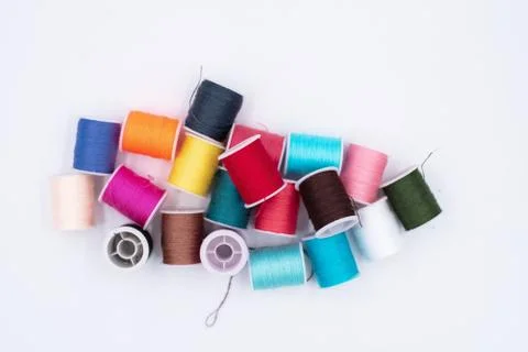Top view of the colorful thread put on white background,show texture and deta 스톡 사진