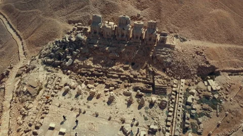 Top view of Commagene statue ruins on top of Mount Nemrut in Adıyaman, Turkey. Stock Footage 237645280