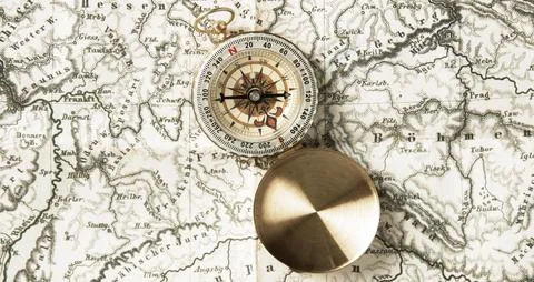 Top view compass top world map. High quality and resolution beautiful photo.. Stock Photos