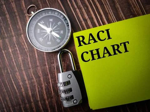 Top view compass,padlock and colored note with text RACI CHART Stock Photos