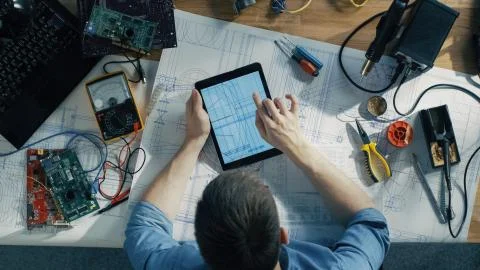 Top View of Competent IT Technician Working on Blueprints, He's Holding Tablet Stock Photos