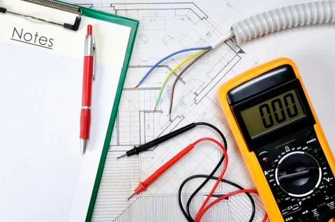 Top view of components and electrical equipment placed on the house project Stock Photos