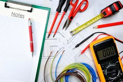 Top view of components and electrical equipment placed on the house project 스톡 사진